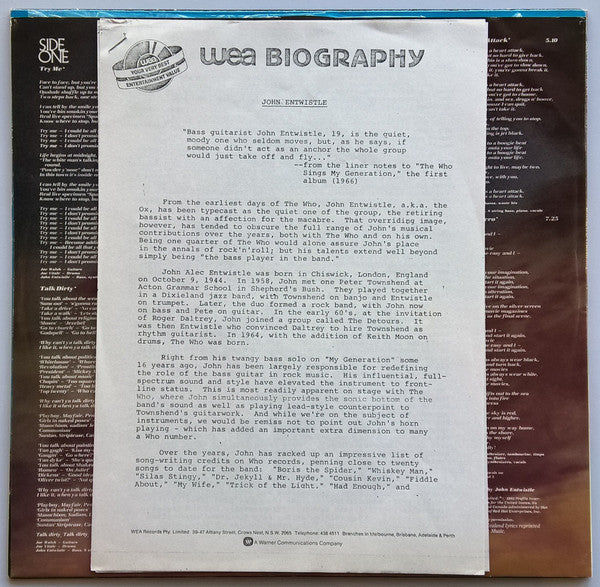 John Entwistle – Too Late The Hero LP vinyl record, image 5 of 7