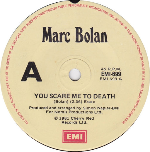 Marc Bolan – You Scare Me To Death 7" vinyl record, image 1 of 3