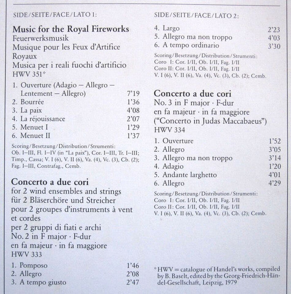 Georg Friedrich Händel, The English Concert, Trevor Pinnock – Music For The Royal Fireworks, Concerti A Due Cori LP vinyl record, image 7 of 7