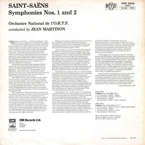 Camille Saint-Saëns, Jean Martinon, Orchestre National De France – Symphonies - No. 1 In E Flat / No. 2 In A Minor LP vinyl record, image 2 of 4