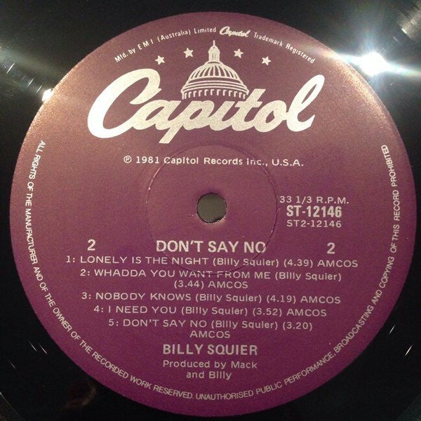 Billy Squier – Don't Say No LP vinyl record, image 5 of 5