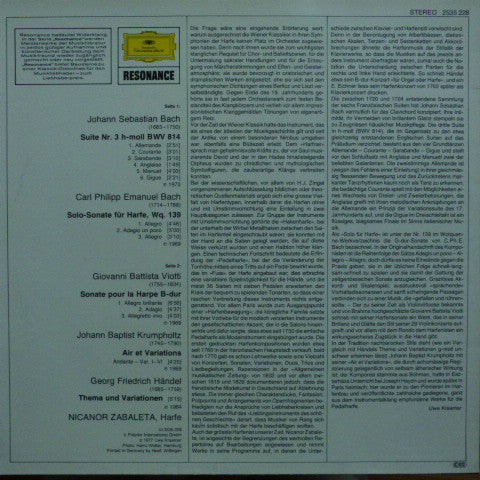 Johann Sebastian Bach, Carl Philipp Emanuel Bach, Giovanni Battista Viotti, Johann Baptist Krumpholtz, Georg Friedrich Händel, Nicanor Zabaleta – Harfenmusik des Barock LP vinyl record, image 2 of 4