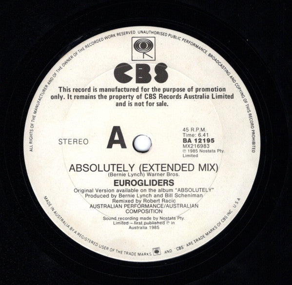 Eurogliders – Absolutely! (Extended Mix) 12" vinyl record, image 3 of 4