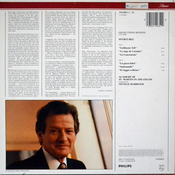 Gioacchino Rossini, The Academy Of St. Martin-in-the-Fields, Sir Neville Marriner – Rossini Overtures LP vinyl record, image 2 of 5