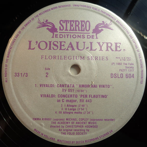 Antonio Vivaldi, Alessandro Marcello, Emma Kirkby, Clare Shanks, Michael Copley, The Academy Of Ancient Music, Christopher Hogwood – Concerto 'Per Flautino' ∙ Trio Sonata 'La Folia' ∙ Cantata 'Amor Hai Vinto ∙ Oboe Concerto LP vinyl record, image 4 of 4