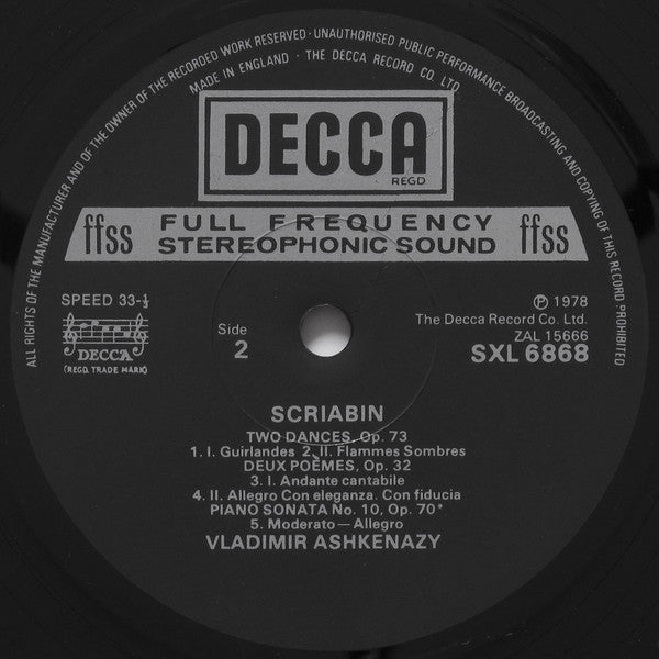 Alexander Scriabin, Vladimir Ashkenazy – Piano Sonatas (No.2 "Sonata Fantasy" ∙ No.7 "White Mass" ∙ No.10 Op.70 / Quatre Morceaux Op.56 ∙ Deux Poèmes Op.32 ∙ Two Dances Op.73) LP vinyl record, image 4 of 4