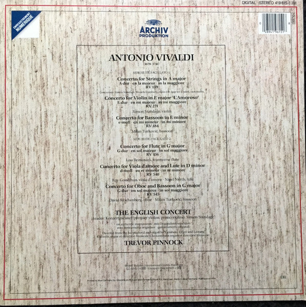 Antonio Vivaldi, The English Concert, Trevor Pinnock, Simon Standage, Lisa Beznosiuk, David Reichenberg, Milan Turkovic, Roy Goodman, Nigel North – Concerti »L'Amoroso« LP vinyl record, image 2 of 4