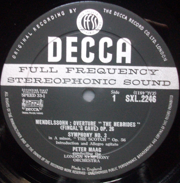 Felix Mendelssohn-Bartholdy, London Symphony Orchestra, Peter Maag – Mendelssohn In Scotland - Symphony No. 3 'Scotch', Fingal's Cave LP vinyl record, image 3 of 3