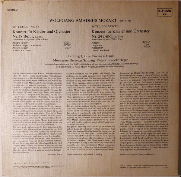 Wolfgang Amadeus Mozart, Leopold Hager, Das Mozarteum Orchester Salzburg, Karl Engel – Klavierkonzert - Piano Concertos - Concertos Pour Piano - Nr.18 KV 456 / Nr.24 KV 491 LP vinyl record, image 2 of 6