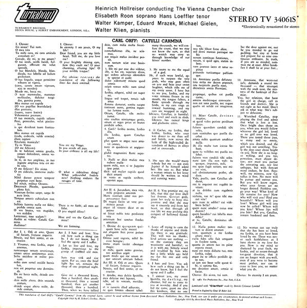 Carl Orff, Elisabeth Roon, Hans Loeffler, Wiener Kammerchor, Heinrich Hollreiser – Catulli Carmina LP vinyl record, image 2 of 4