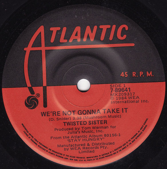 Twisted Sister – We're Not Gonna Take It 7" vinyl record, image 1 of 3