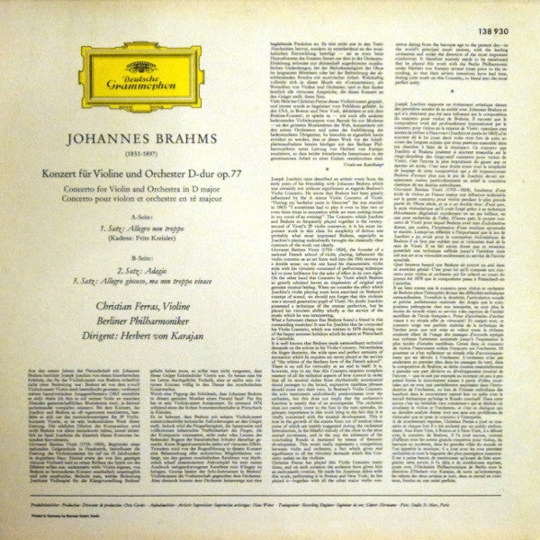 Johannes Brahms, Christian Ferras, Herbert von Karajan, Berliner Philharmoniker – Konzert Für Violine Und Orchester D-Dur LP vinyl record, image 2 of 3