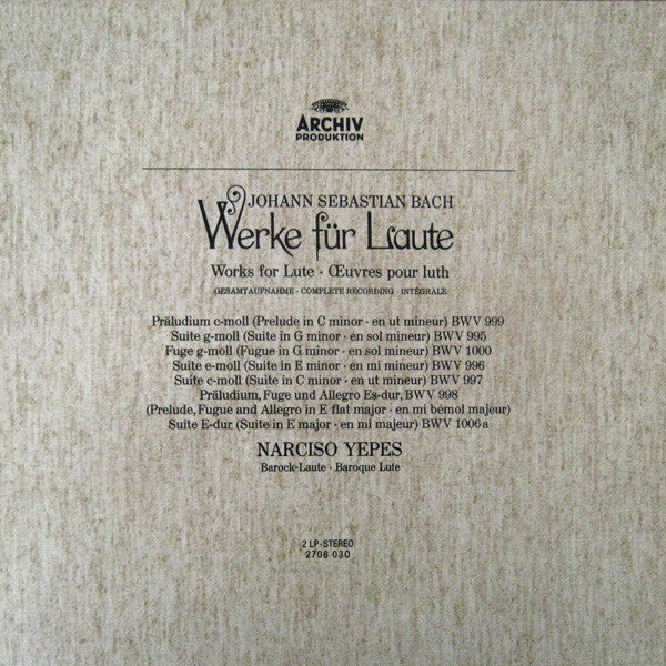 Johann Sebastian Bach, Narciso Yepes – Werke Für Laute = Works for Lute = Œuvres Pour Luth (Gesamtaufnahme = Complete Recordings = Intégrale) (2xLP) LP vinyl record, image 2 of 9