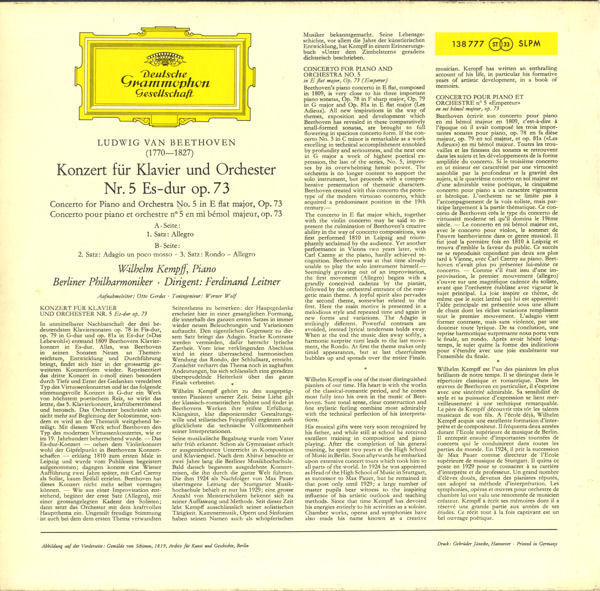 Ludwig van Beethoven, Wilhelm Kempff, Berliner Philharmoniker, Ferdinand Leitner – Klavierkonzert Nr. 5 Es-dur = Piano Concerto No. 5 In E Flat Major = Concerto Pour Piano Et Orchestre N°5 En Mi Bémol Majeur LP vinyl record, image 2 of 4