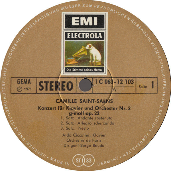Camille Saint-Saëns, Aldo Ciccolini, Orchestre De Paris, Serge Baudo – Konzerte Für Klavier Und Orchester Nr.2 G-moll, Op.22 / Nr.4 C-moll, Op. 44 LP vinyl record, image 2 of 3