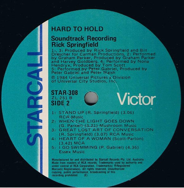 Rick Springfield – Hard To Hold - Soundtrack Recording LP vinyl record, image 5 of 5