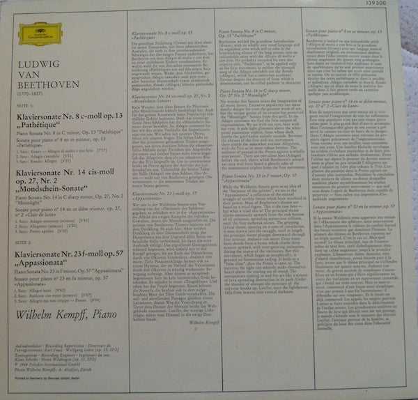Ludwig van Beethoven, Wilhelm Kempff – Sonaten Pathétique / Mondschein = Moonlight / Appassionata LP vinyl record, image 2 of 9