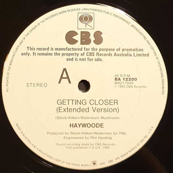 Haywoode – Getting Closer (Extended Version) 12" vinyl record, image 2 of 3