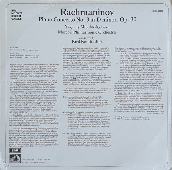 Sergei Rachmaninoff, Evgeny Moguilevsky, Moscow Philharmonic Orchestra, Kiril Kondrashin – Piano Concerto No.3 LP vinyl record, image 2 of 4