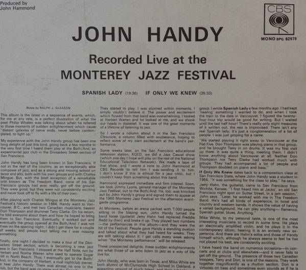 John Handy – Recorded Live At The Monterey Jazz Festival LP vinyl record, image 2 of 4