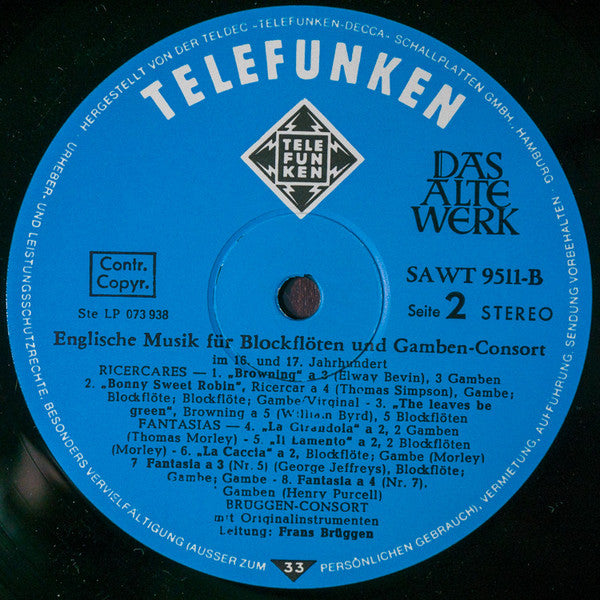 William Byrd, Thomas Morley, Anthony Holborne, Henry Purcell – Englische Musik Für Blockflöten Und Gamben-Consort LP vinyl record, image 4 of 4