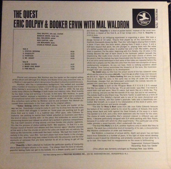 Eric Dolphy, Booker Ervin, The Mal Waldron Sextet – The Quest LP vinyl record, image 2 of 4