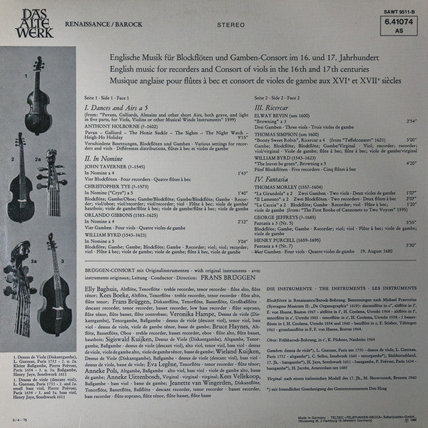 William Byrd, Thomas Morley, Anthony Holborne, Henry Purcell – Englische Musik Für Blockflöten Und Gamben-Consort LP vinyl record, image 2 of 4