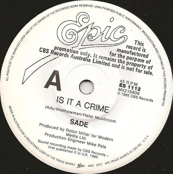 Sade – Is It A Crime? 7" vinyl record, image 3 of 4