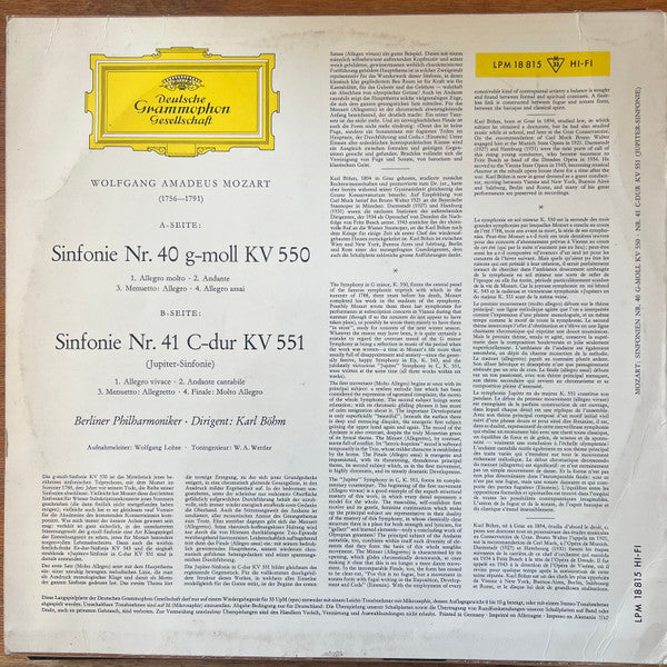 Wolfgang Amadeus Mozart, Berliner Philharmoniker, Karl Böhm – Sinfonien Nr. 40 G-Moll KV 550, Nr. 41 C-Dur KV 551 (Jupiter-Sinfonie) LP vinyl record, image 2 of 4