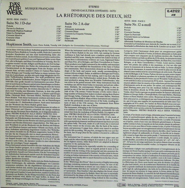 Denis Gaultier, Hopkinson Smith – La Rhétorique Des Dieux 1652 LP vinyl record, image 2 of 3