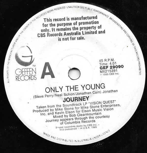Journey, Sammy Hagar – Only The Young / I'll Fall In Love Again 7" vinyl record, image 1 of 3