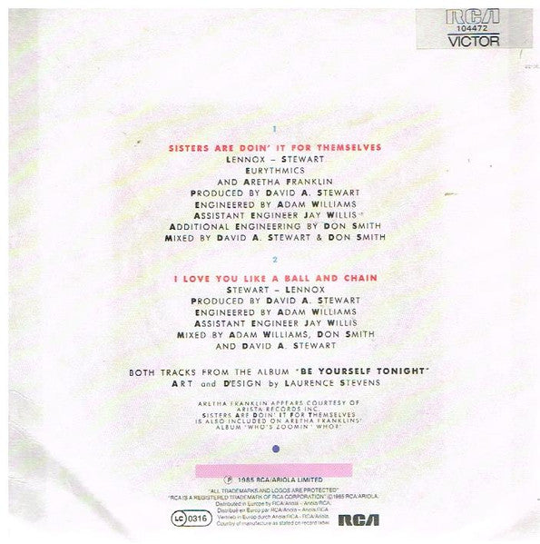 Eurythmics, Aretha Franklin – Sisters Are Doin' It For Themselves 7" vinyl record, image 2 of 4