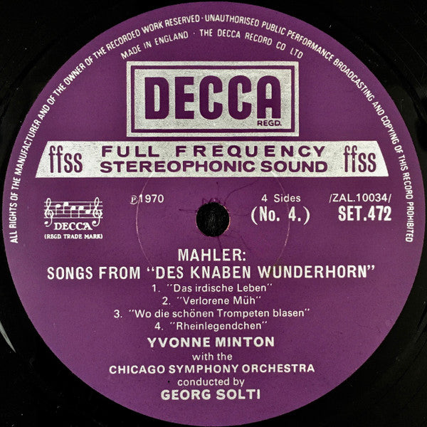 Gustav Mahler, Chicago Symphony Orchestra, Georg Solti, Yvonne Minton – Symphony No. 5 In C Minor / Songs From "Des Knaben Wunderhorn" (2xLP) LP vinyl record, image 5 of 10