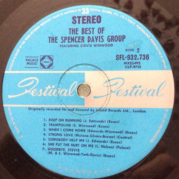 The Spencer Davis Group – The Best Of The Spencer Davis Group, Featuring Stevie Winwood LP vinyl record, image 4 of 4