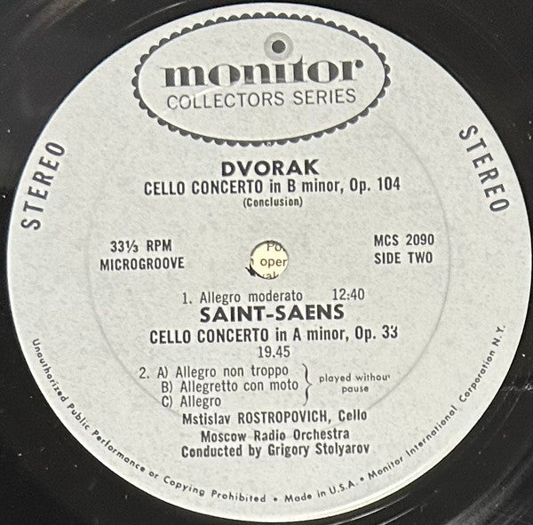 Mstislav Rostropovich, Antonín Dvořák, Camille Saint-Saëns, Большой Симфонический Оркестр Всесоюзного Радио, Boris Khaikin, Григорий Столяров – Rostropovich Plays Dvorak & Saint-Saens / Concerti For Cello And Orchestra LP vinyl record, image 4 of 6
