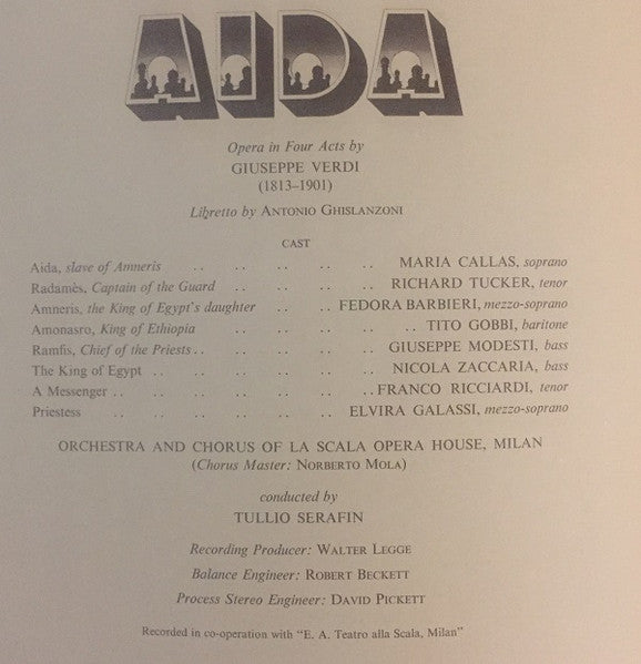 Giuseppe Verdi, Maria Callas, Richard Tucker, Fedora Barbieri, Tito Gobbi, Guiseppe Modesti, Nicola Zaccaria, Orchestra Del Teatro Alla Scala, Coro Del Teatro Alla Scala, Tullio Serafin – Aida (3xLP) LP vinyl record, image 3 of 4