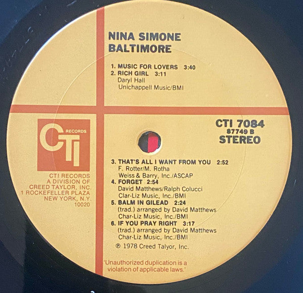Nina Simone – Baltimore LP vinyl record, image 4 of 4