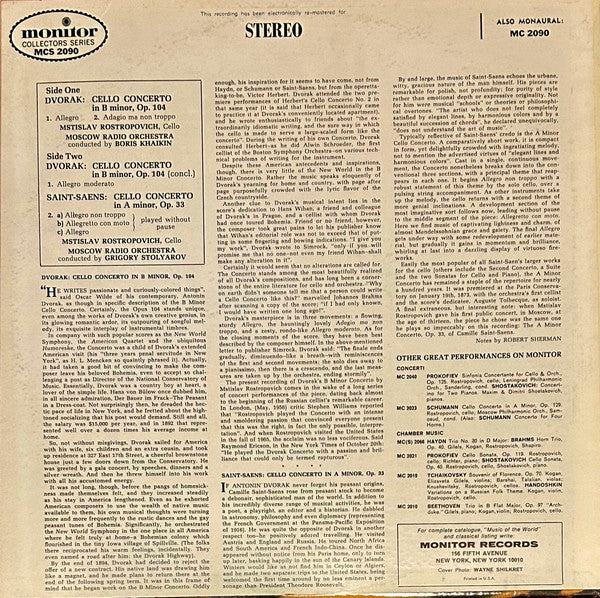 Mstislav Rostropovich, Antonín Dvořák, Camille Saint-Saëns, Большой Симфонический Оркестр Всесоюзного Радио, Boris Khaikin, Григорий Столяров – Rostropovich Plays Dvorak & Saint-Saens / Concerti For Cello And Orchestra LP vinyl record, image 2 of 6
