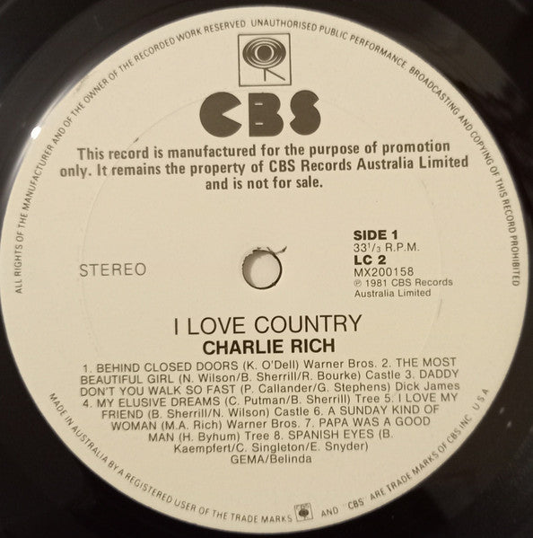 Charlie Rich – I Love Country LP vinyl record, image 3 of 4