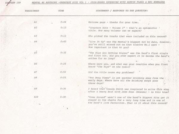 Mental As Anything – Track By Track Interview - Mental As Anything's Greatest Hits LP vinyl record, image 3 of 3