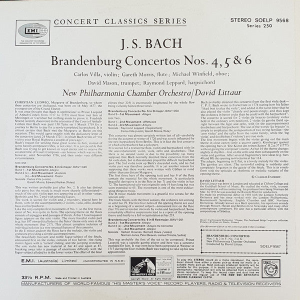 Johann Sebastian Bach, Carlos Villa, Gareth Morris, Raymond Leppard, New Philharmonia Chamber Orchestra, David Littaur – Brandenburg Concertos Nos. 4, 5 & 6 LP vinyl record, image 2 of 4