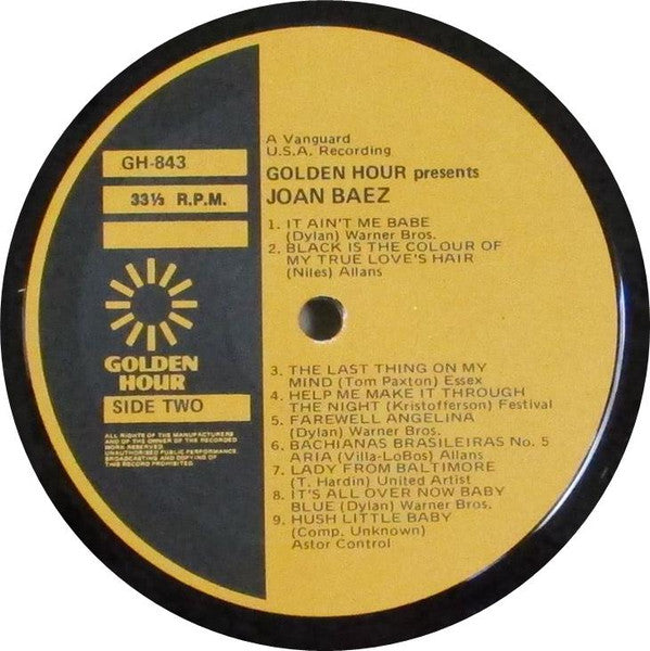 Joan Baez – Golden Hour Presents Joan Baez LP vinyl record, image 4 of 4