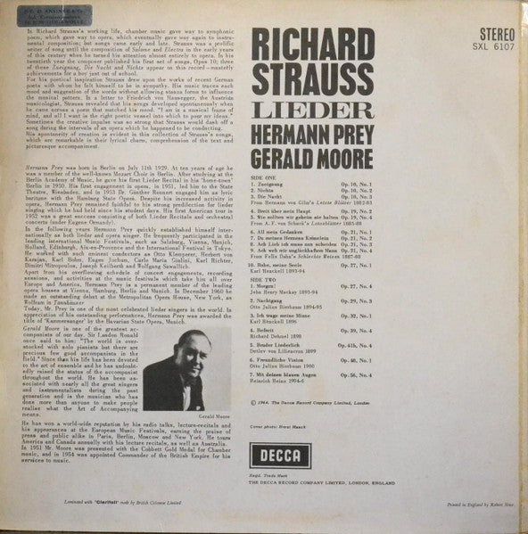 Richard Strauss, Hermann Prey, Gerald Moore – Lieder LP vinyl record, image 2 of 3