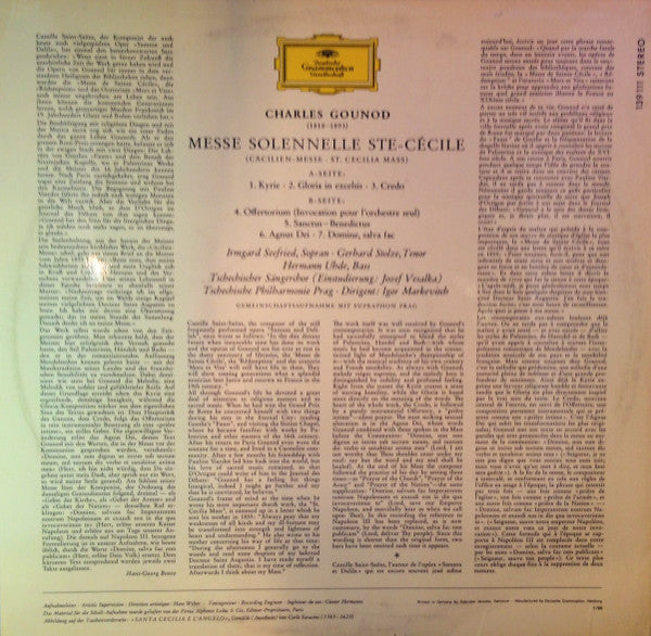 Charles Gounod, Irmgard Seefried, Gerhard Stolze, Hermann Uhde, Czech Singers Chorus, The Czech Philharmonic Orchestra, Igor Markevitch – Messe Solennelle Ste. Cécile = (Cäcilien-Messe) LP vinyl record, image 2 of 4