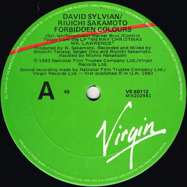 Ryuichi Sakamoto & David Sylvian – Forbidden Colours 12" vinyl record, image 3 of 4