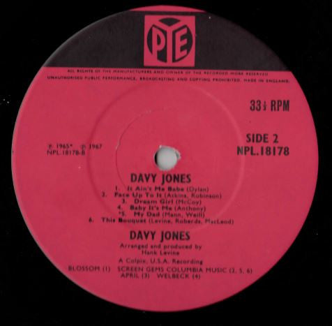 Davy Jones – Davy Jones LP vinyl record, image 4 of 4