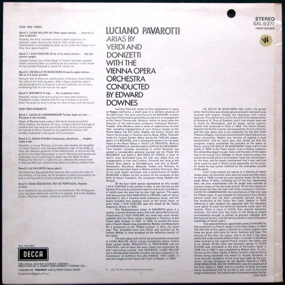 Luciano Pavarotti, Orchester Der Wiener Staatsoper, Edward Downes – Arias By Verdi And Donizetti LP vinyl record, image 2 of 4