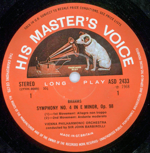 Johannes Brahms, Sir John Barbirolli, Wiener Philharmoniker – Symphony No. 4 In E Minor, Op. 98 / Academic Festival Overture LP vinyl record, image 2 of 2