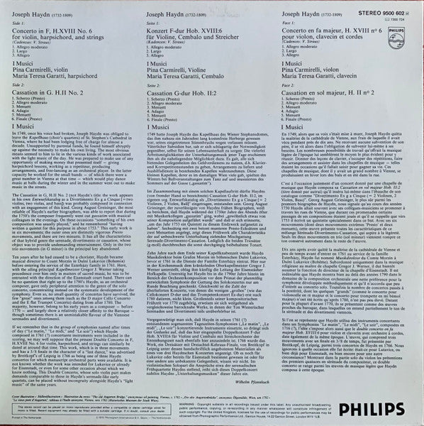 Joseph Haydn, I Musici, Pina Carmirelli, Maria Teresa Garatti – Concerto Per Violino E Cembalo Hob. XVIII:6 / Cassation Hob. II:2 LP vinyl record, image 2 of 5