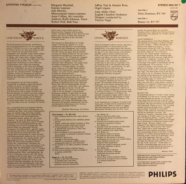 Antonio Vivaldi, Margaret Marshall, Ann Murray, Anne Collins, Anthony Rolfe Johnson, Robert Holl, John Alldis Choir, English Chamber Orchestra, Vittorio Negri – Dixit Dominus • Beatus Vir LP vinyl record, image 2 of 4